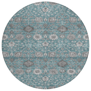 HomeRoots 5' Indoor Outdoor Area Rug in Teal Blue Gray Floral Design – Washable, Stain Resistant, Durable Style 8' Round 605439