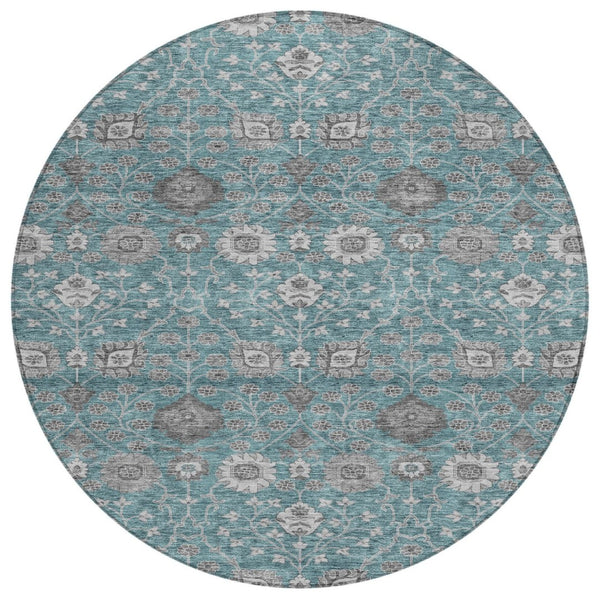 HomeRoots 5' Indoor Outdoor Area Rug in Teal Blue Gray Floral Design – Washable, Stain Resistant, Durable Style 8' Round 605439