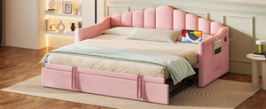 English Elm Upholstered Twin Daybed with Pop up Trundle Velvet Frame and Built in Usb Charging Pink N733S410648H
