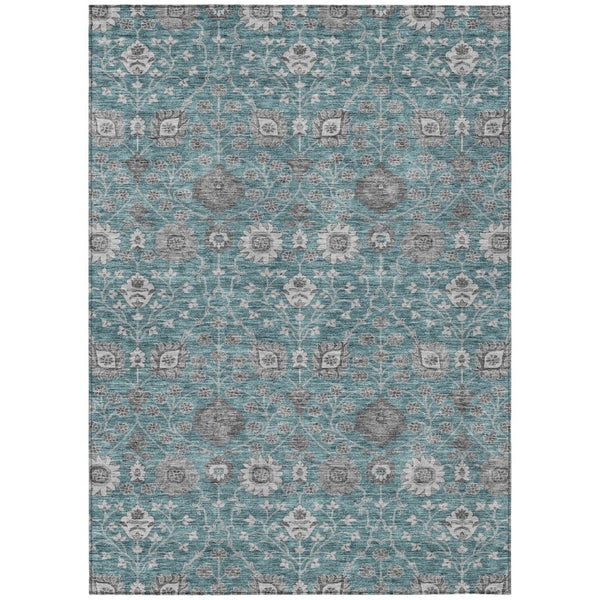 HomeRoots 5' Indoor Outdoor Area Rug in Teal Blue Gray Floral Design – Washable, Stain Resistant, Durable Style 8' X 10' 605440