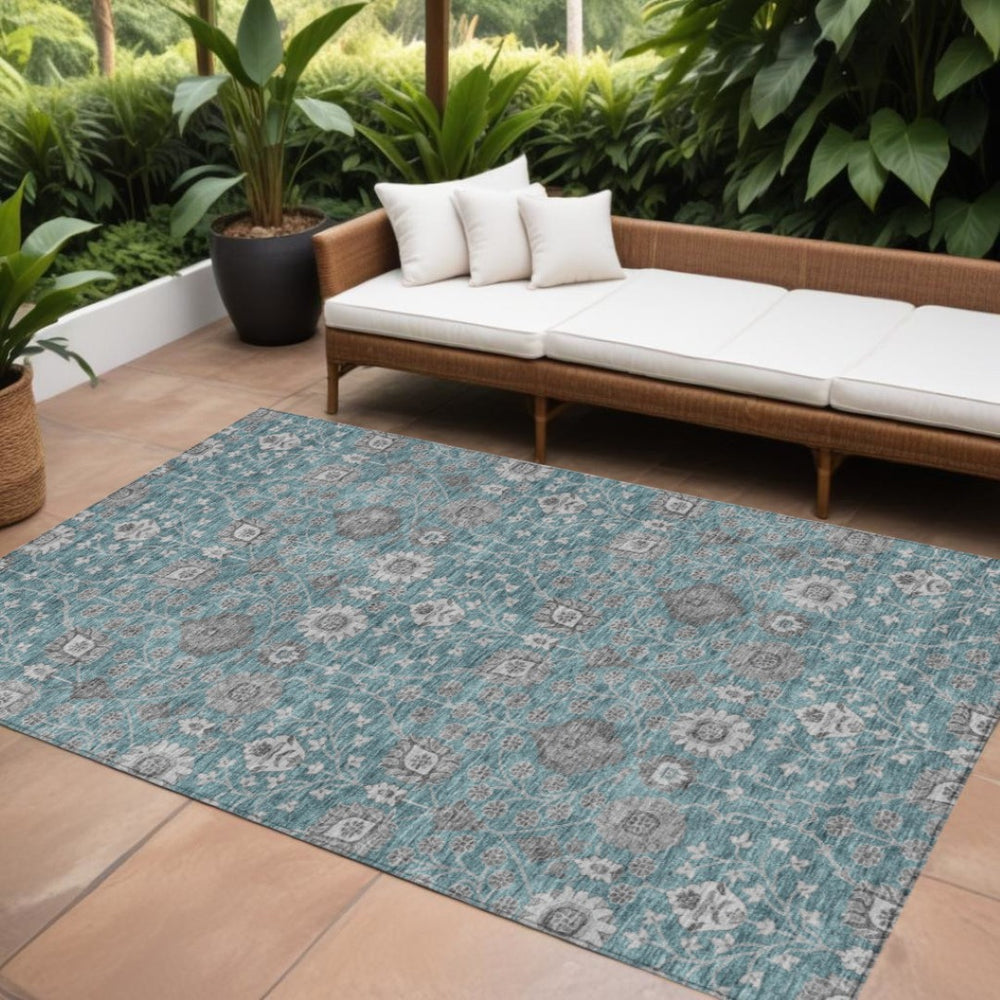 HomeRoots 5' Indoor Outdoor Area Rug in Teal Blue Gray Floral Design – Washable, Stain Resistant, Durable Style 10' X 14' 605442