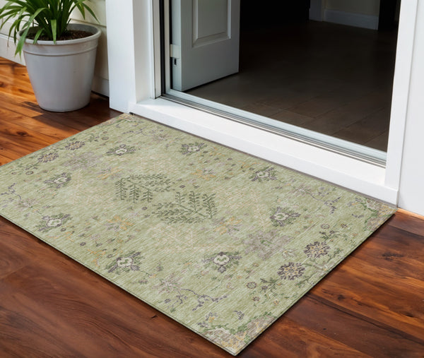 Homeroots 3' Floral Washable Area Rug In Artichoke Green, Brown, And Beige For Indoor Or Outdoor Spaces 3' X 5' Polyester 605443
