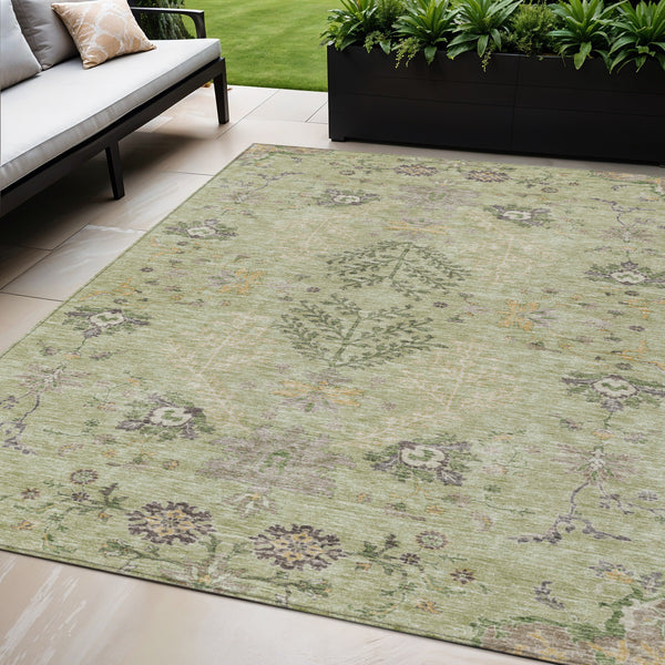 Homeroots 3' Floral Washable Area Rug In Artichoke Green, Brown, And Beige For Indoor Or Outdoor Spaces 5' X 8' Polyester 605444