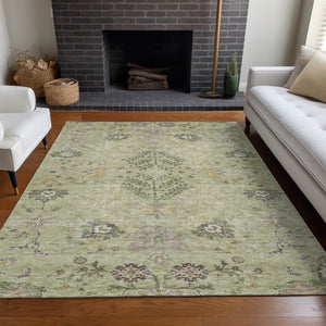 Homeroots 3' Floral Washable Area Rug In Artichoke Green, Brown, And Beige For Indoor Or Outdoor Spaces 5' X 8' Polyester 605444