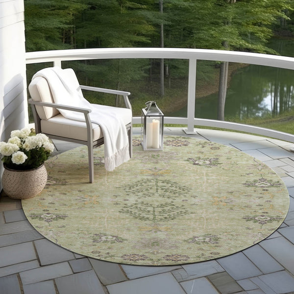 Homeroots 3' Floral Washable Area Rug In Artichoke Green, Brown, And Beige For Indoor Or Outdoor Spaces 8' Round Polyester 605445
