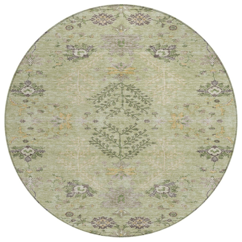 HomeRoots 5' Durable Floral Area Rug in Artichoke Green, Brown & Beige for Indoor and Outdoor Spaces 8' Round 605445