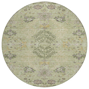 HomeRoots 5' Durable Floral Area Rug in Artichoke Green, Brown & Beige for Indoor and Outdoor Spaces 8' Round 605445