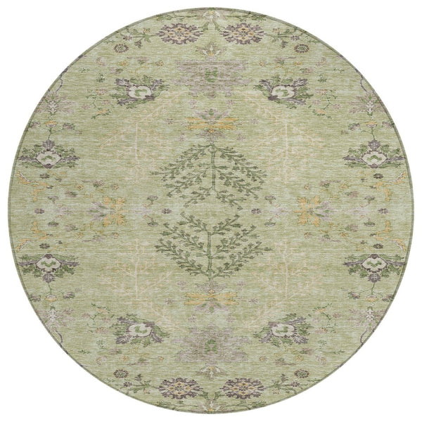 HomeRoots 5' Durable Floral Area Rug in Artichoke Green, Brown & Beige for Indoor and Outdoor Spaces 8' Round 605445
