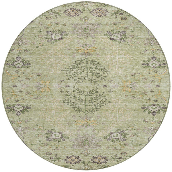 Homeroots 3' Floral Washable Area Rug In Artichoke Green, Brown, And Beige For Indoor Or Outdoor Spaces 8' Round Polyester 605445