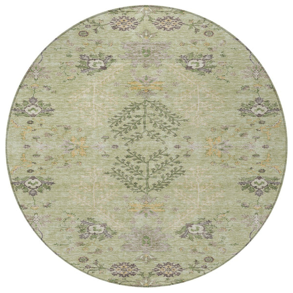 Homeroots 3' Floral Washable Area Rug In Artichoke Green, Brown, And Beige For Indoor Or Outdoor Spaces 8' Round Polyester 605445