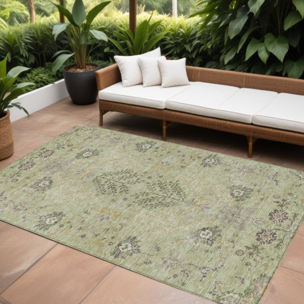 HomeRoots 9' X 12' Floral Area Rug in Artichoke Green, Brown & Beige - Washable, Durable for Indoor & Outdoor Use 605447