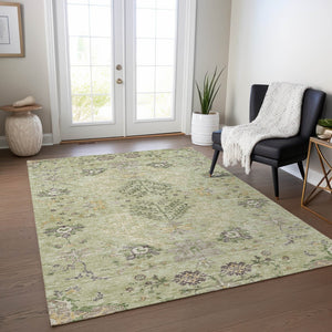 Homeroots 3' Floral Washable Area Rug In Artichoke Green, Brown, And Beige For Indoor Or Outdoor Spaces 9' X 12' Polyester 605447