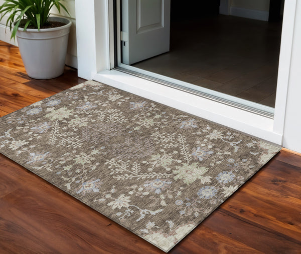 Homeroots 3' Floral Washable Area Rug In Artichoke Green, Brown, And Beige For Indoor Or Outdoor Spaces 3' X 5' Polyester 605449