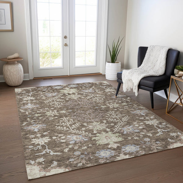 Homeroots 3' Floral Washable Area Rug In Artichoke Green, Brown, And Beige For Indoor Or Outdoor Spaces 3' X 5' Polyester 605449