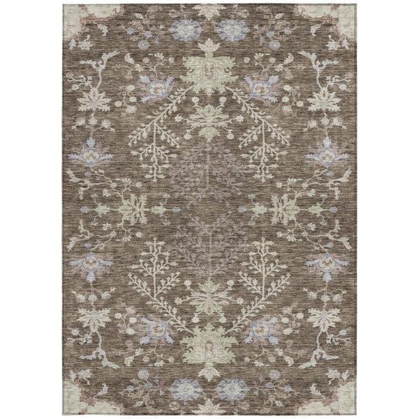 Homeroots 3' Floral Washable Area Rug In Artichoke Green, Brown, And Beige For Indoor Or Outdoor Spaces 5' X 8' Polyester 605450
