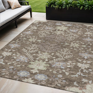 Homeroots 3' Floral Washable Area Rug In Artichoke Green, Brown, And Beige For Indoor Or Outdoor Spaces 5' X 8' Polyester 605450