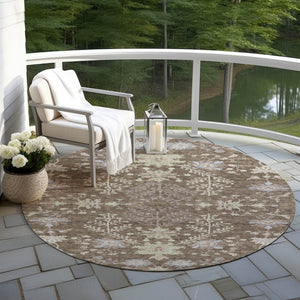 Homeroots 3' Floral Washable Area Rug In Artichoke Green, Brown, And Beige For Indoor Or Outdoor Spaces 8' Round Polyester 605451