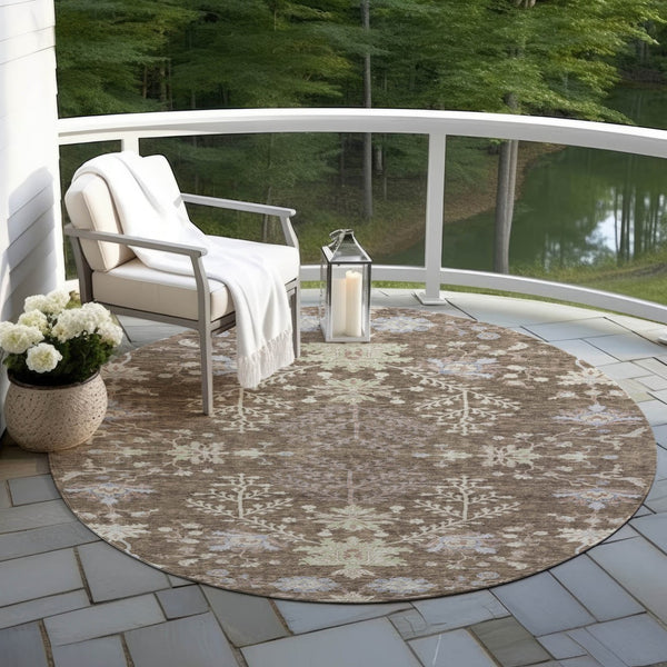 Homeroots 3' Floral Washable Area Rug In Artichoke Green, Brown, And Beige For Indoor Or Outdoor Spaces 8' Round Polyester 605451