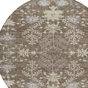 Homeroots 3' Floral Washable Area Rug In Artichoke Green, Brown, And Beige For Indoor Or Outdoor Spaces 8' Round Polyester 605451