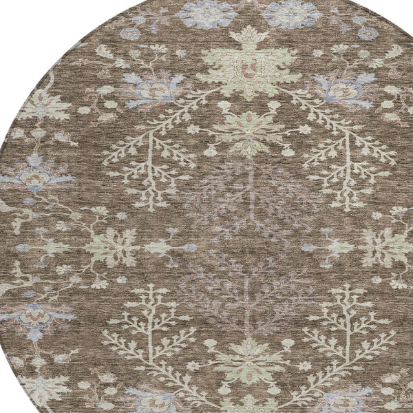 Homeroots 3' Floral Washable Area Rug In Artichoke Green, Brown, And Beige For Indoor Or Outdoor Spaces 8' Round Polyester 605451