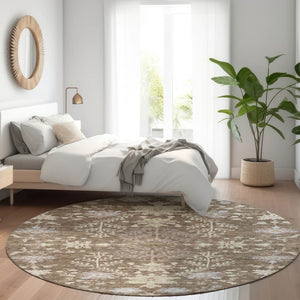 Homeroots 3' Floral Washable Area Rug In Artichoke Green, Brown, And Beige For Indoor Or Outdoor Spaces 8' Round Polyester 605451