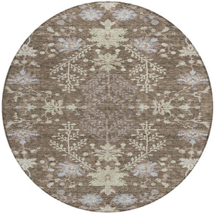 Homeroots 3' Floral Washable Area Rug In Artichoke Green, Brown, And Beige For Indoor Or Outdoor Spaces 8' Round Polyester 605451