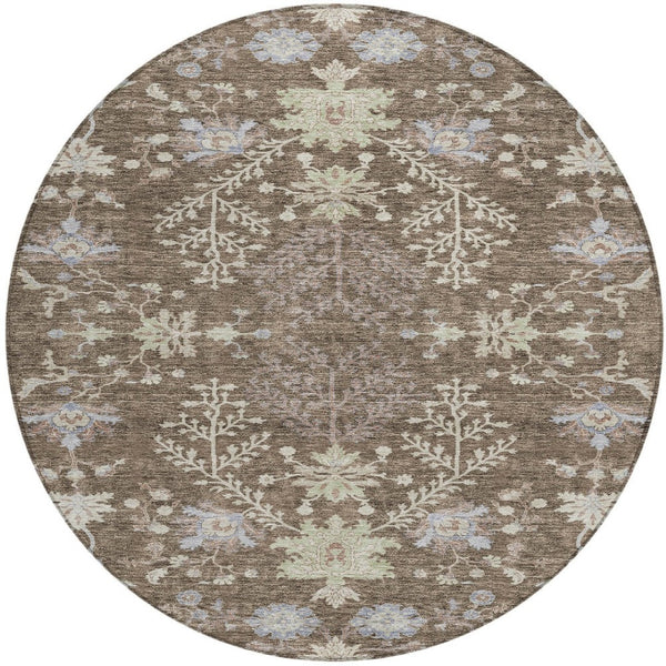 Homeroots 3' Floral Washable Area Rug In Artichoke Green, Brown, And Beige For Indoor Or Outdoor Spaces 8' Round Polyester 605451