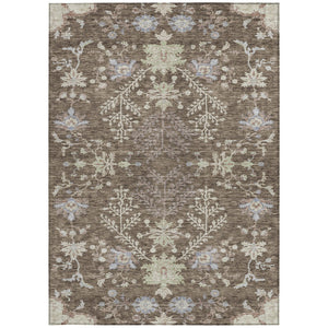 Homeroots 3' Floral Washable Area Rug In Artichoke Green, Brown, And Beige For Indoor Or Outdoor Spaces 8' X 10' Polyester 605452