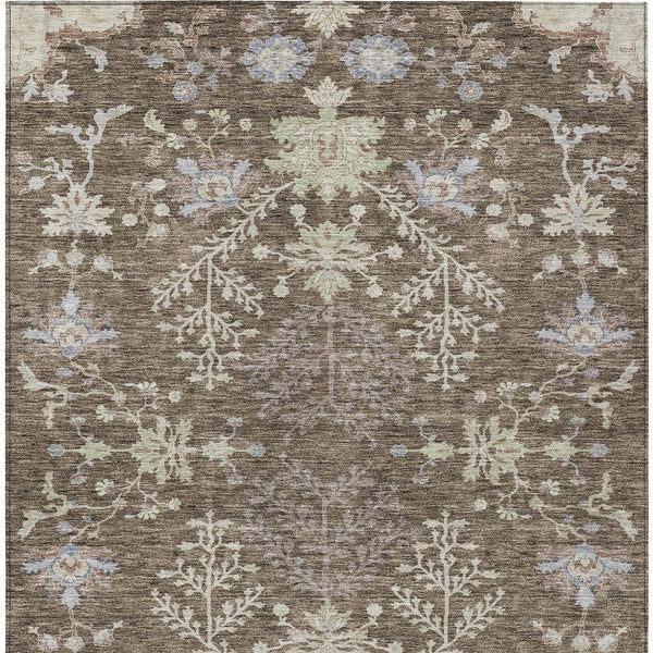 Homeroots 3' Floral Washable Area Rug In Artichoke Green, Brown, And Beige For Indoor Or Outdoor Spaces 8' X 10' Polyester 605452