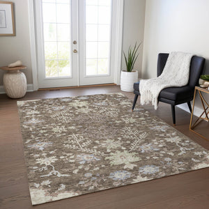 Homeroots 3' Floral Washable Area Rug In Artichoke Green, Brown, And Beige For Indoor Or Outdoor Spaces 8' X 10' Polyester 605452