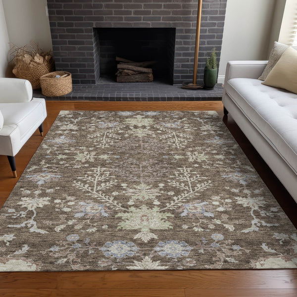 Homeroots 3' Floral Washable Area Rug In Artichoke Green, Brown, And Beige For Indoor Or Outdoor Spaces 8' X 10' Polyester 605452