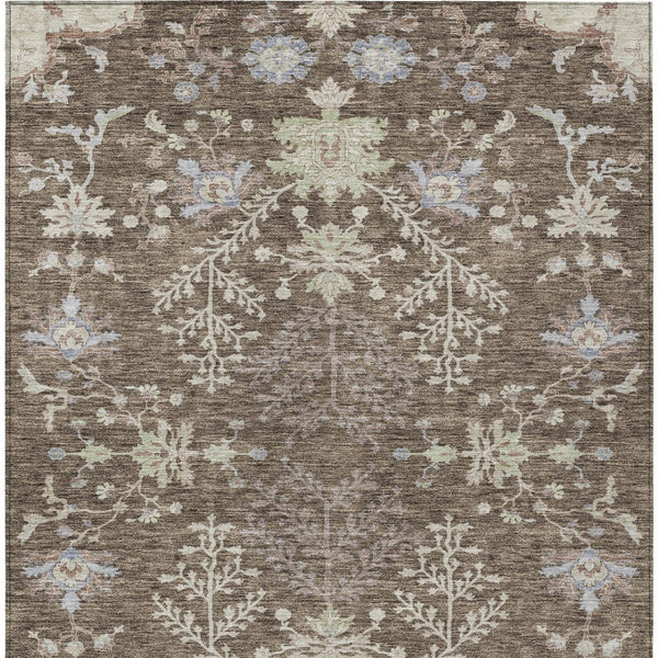Homeroots 3' Floral Washable Area Rug In Artichoke Green, Brown, And Beige For Indoor Or Outdoor Spaces 9' X 12' Polyester 605453