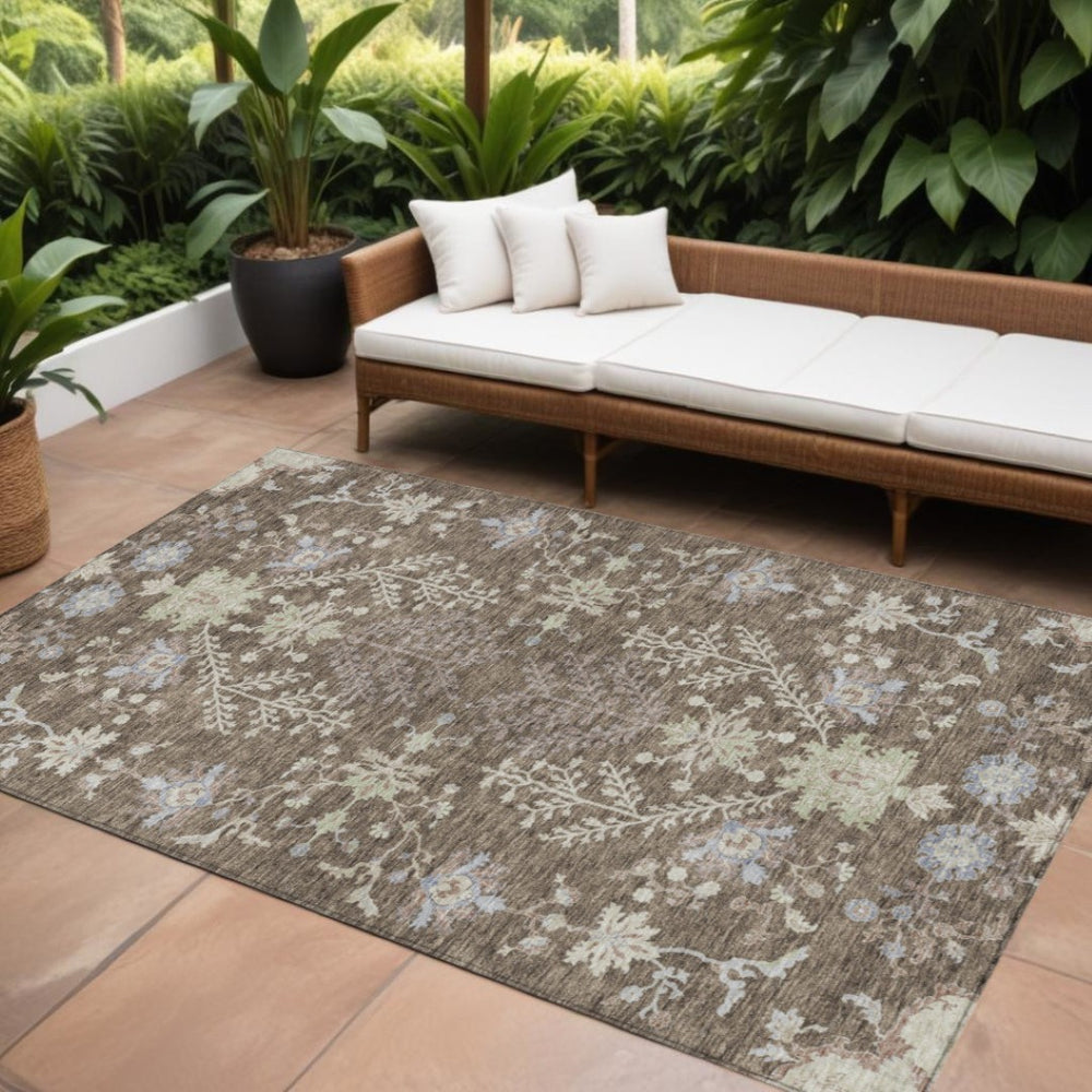 HomeRoots 9' X 12' Durable Floral Area Rug – Stylish Brown, Beige & Green Design for Indoor & Outdoor Use 605453