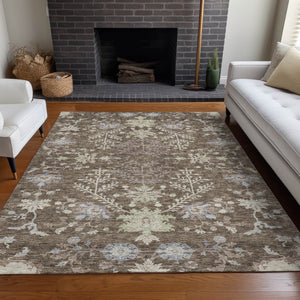 Homeroots 3' Floral Washable Area Rug In Artichoke Green, Brown, And Beige For Indoor Or Outdoor Spaces 10' X 14' Polyester 605454
