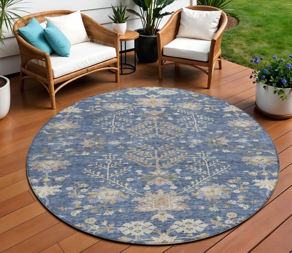 HomeRoots 5' Floral Washable Area Rug in Blue, Brown & Beige - Durable, Easy-Clean Indoor/Outdoor Design 8' Round 605457