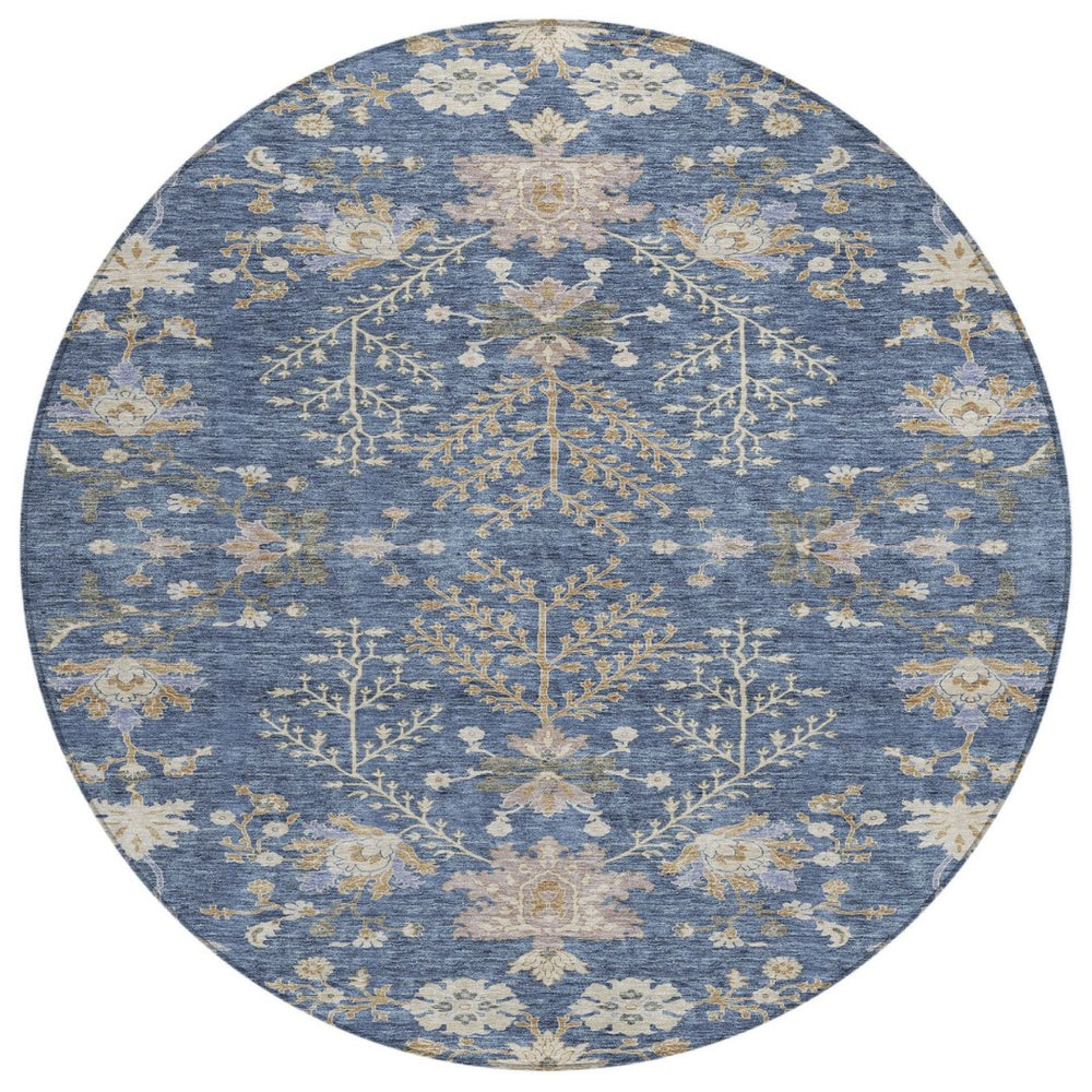 HomeRoots 5' Floral Washable Area Rug in Blue, Brown & Beige - Durable, Easy-Clean Indoor/Outdoor Design 8' Round 605457