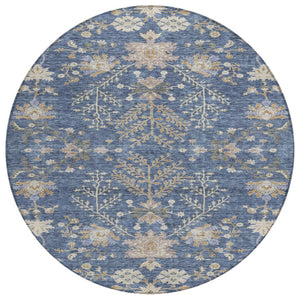 HomeRoots 5' Floral Washable Area Rug in Blue, Brown & Beige - Durable, Easy-Clean Indoor/Outdoor Design 8' Round 605457