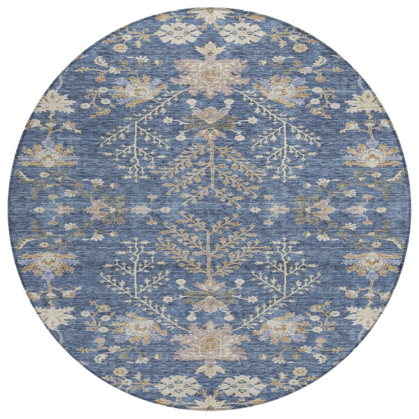 HomeRoots 5' Floral Washable Area Rug in Blue, Brown & Beige - Durable, Easy-Clean Indoor/Outdoor Design 8' Round 605457