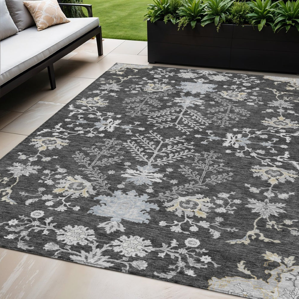 HomeRoots 5' Charcoal Gray and Beige Floral Area Rug - Stylish, Washable, Indoor/Outdoor Comfort for Any Space 5' X 8' 605462