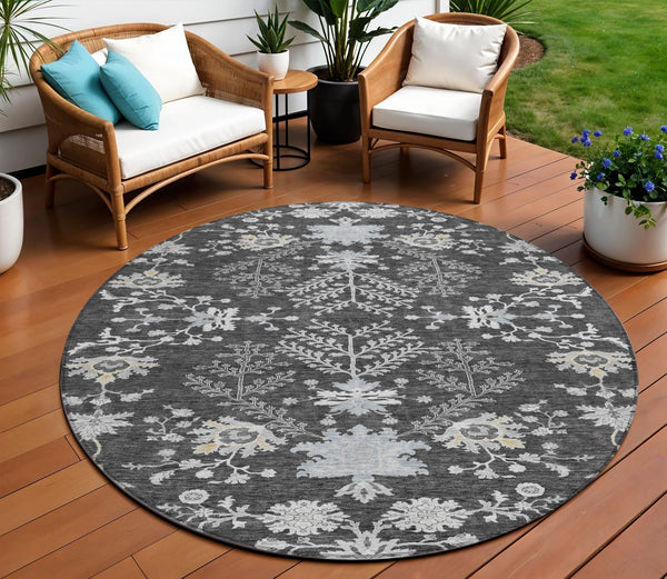 Homeroots 3' Floral Washable Area Rug In Artichoke Green, Brown, And Beige For Indoor Or Outdoor Spaces 8' Round Polyester 605463