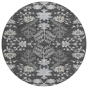 HomeRoots 5' Charcoal Gray and Beige Floral Area Rug - Stylish, Washable, Indoor/Outdoor Comfort for Any Space 8' Round 605463