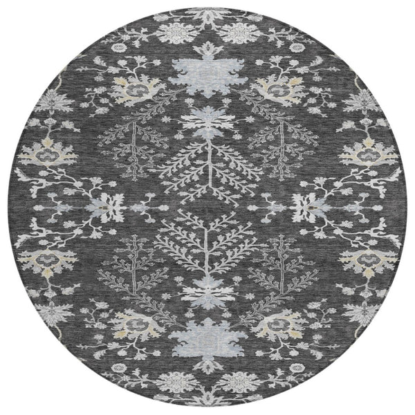 HomeRoots 5' Charcoal Gray and Beige Floral Area Rug - Stylish, Washable, Indoor/Outdoor Comfort for Any Space 8' Round 605463
