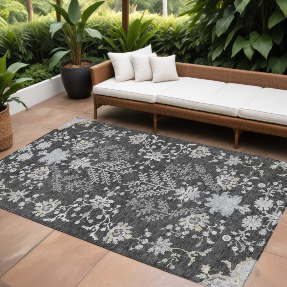 HomeRoots 9' X 12' Charcoal Gray & Beige Floral Washable Area Rug - Durable, Stylish, Perfect for Indoor/Outdoor Spaces 605465