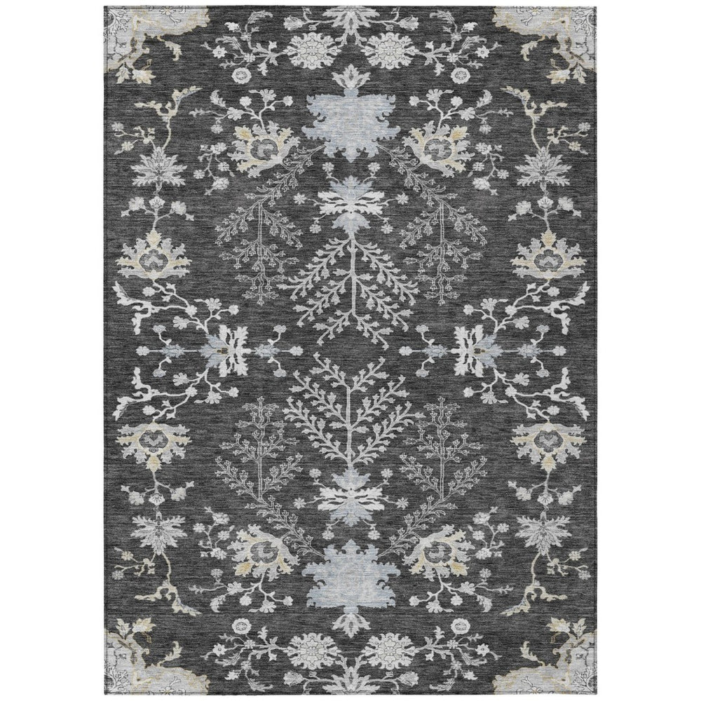 HomeRoots 9' X 12' Charcoal Gray & Beige Floral Washable Area Rug - Durable, Stylish, Perfect for Indoor/Outdoor Spaces 605465