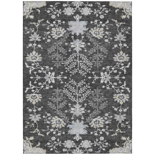 HomeRoots 9' X 12' Charcoal Gray & Beige Floral Washable Area Rug - Durable, Stylish, Perfect for Indoor/Outdoor Spaces 605465
