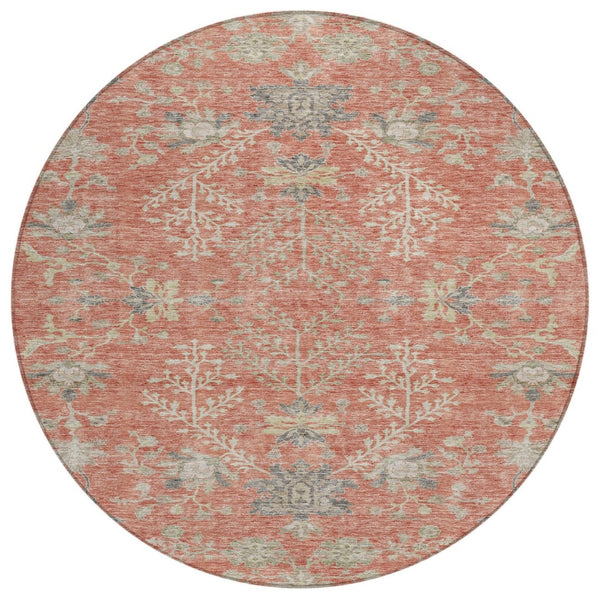 HomeRoots 5' Timeless Floral Area Rug in Coral, Charcoal & Gray - Durable, Washable for Indoor & Outdoor Use 8' Round 605469