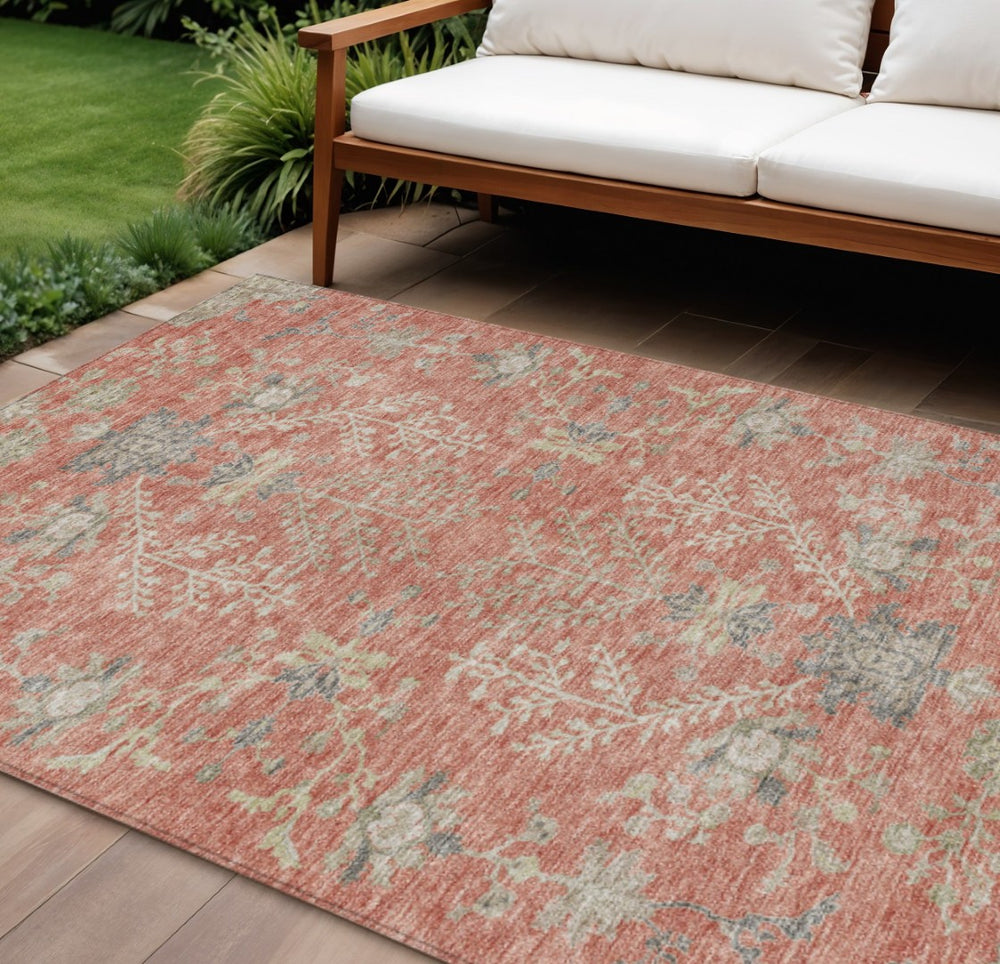 HomeRoots 9' X 12' Floral Coral Charcoal Gray Washable Area Rug - Stylish, Durable, Indoor/Outdoor Decor Must-Have! 605471