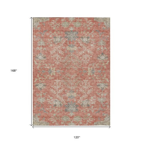 Homeroots 3' Floral Washable Area Rug In Artichoke Green, Brown, And Beige For Indoor Or Outdoor Spaces 10' X 14' Polyester 605472