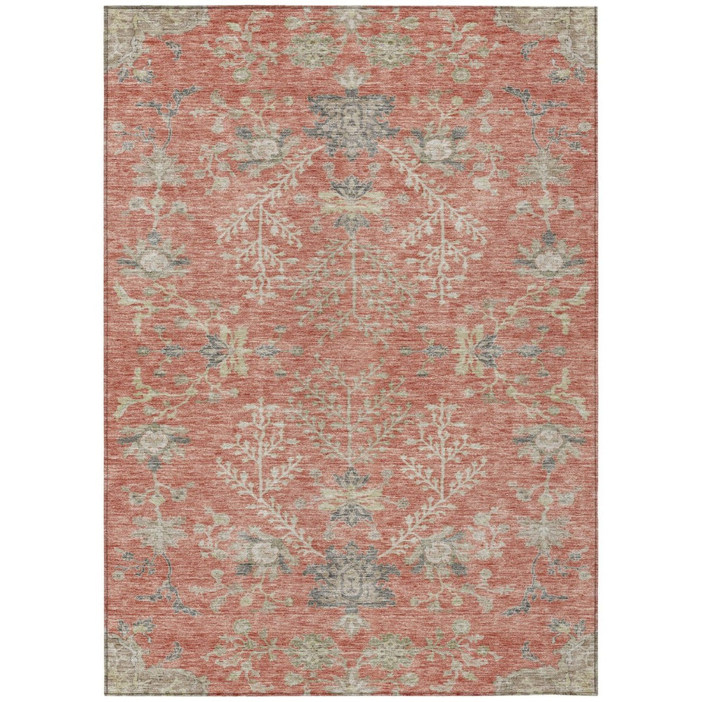HomeRoots 5' Timeless Floral Area Rug in Coral, Charcoal & Gray - Durable, Washable for Indoor & Outdoor Use 10' X 14' 605472