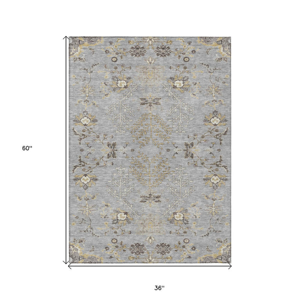Homeroots 3' Floral Washable Area Rug In Artichoke Green, Brown, And Beige For Indoor Or Outdoor Spaces 3' X 5' Polyester 605473